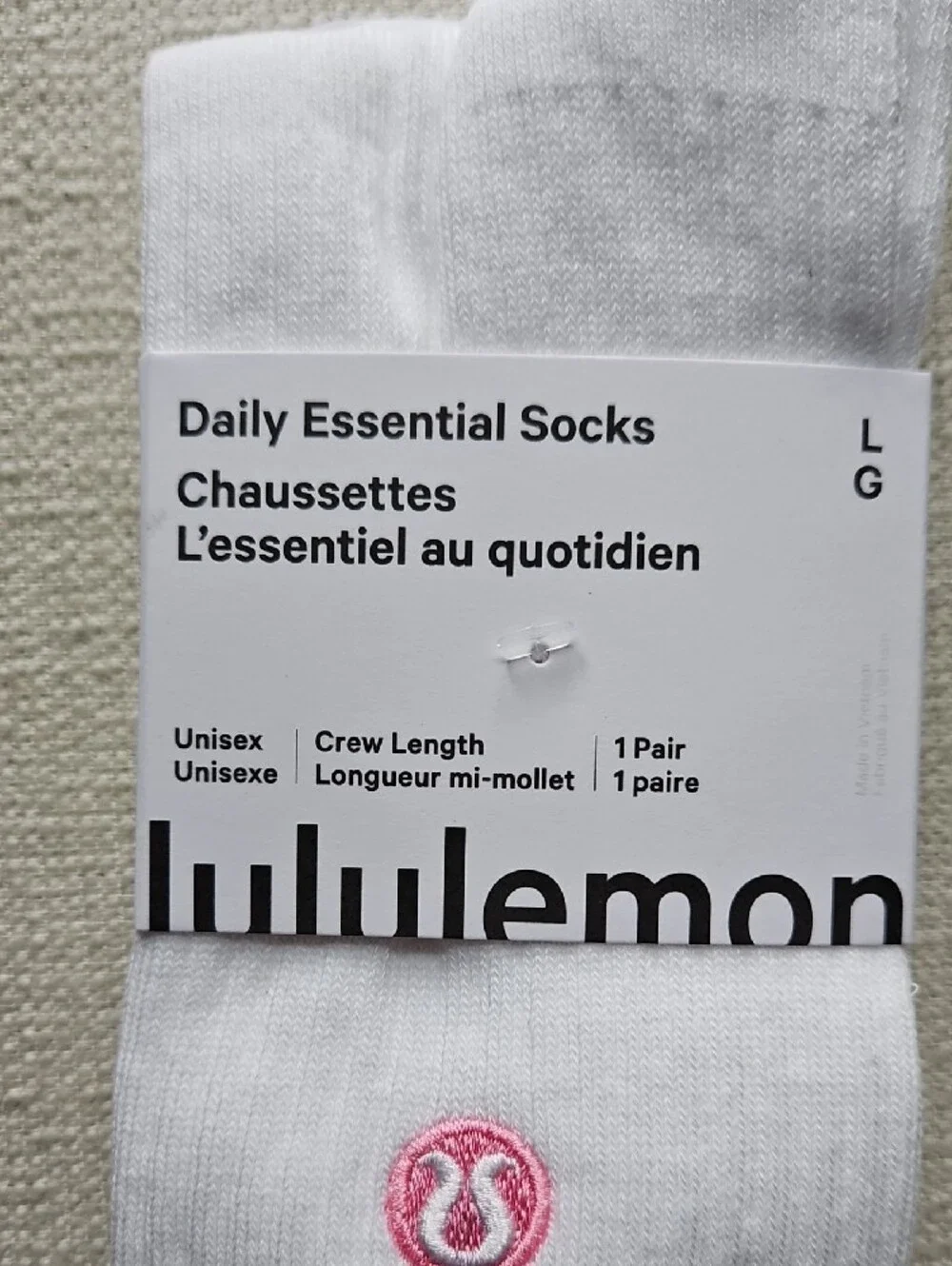 lululemon athletica White Crew Socks with Pink Stripe and Logo